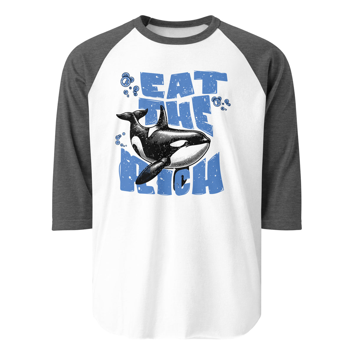 Baseball shirt with orca whale graphic and text 'Eat the Rich' on a white background