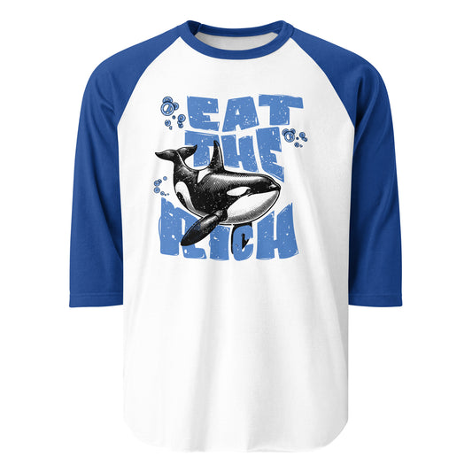 Unisex raglan shirt with “Eat the Rich” orca graphic in vintage comic-style font