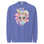 Flo blue adult sweatshirt featuring a cute bunny with heart glasses blowing bubble gum surrounded by pastel bubbles