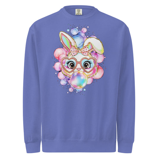 Flo blue adult sweatshirt featuring a cute bunny with heart glasses blowing bubble gum surrounded by pastel bubbles