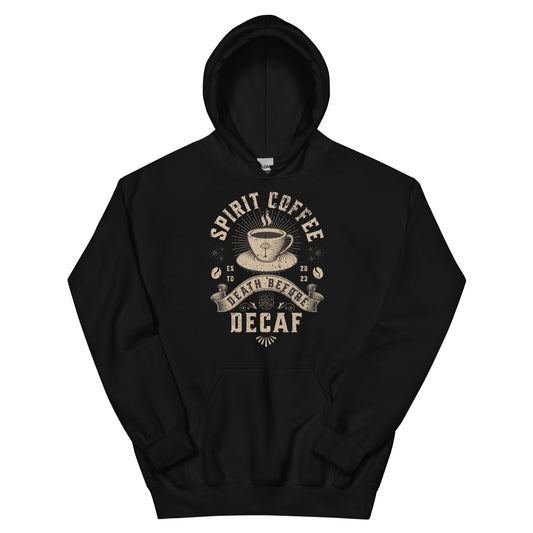Black hoodie with 'Spirit Coffee' graphic on a white background