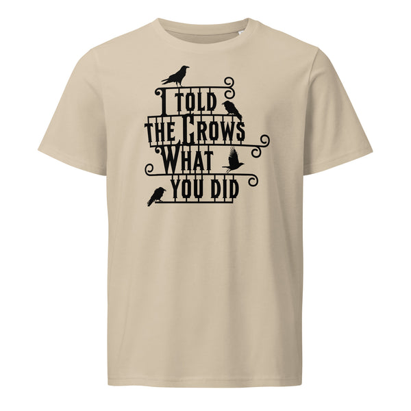 Beige t-shirt with black text and crow illustrations on a white background