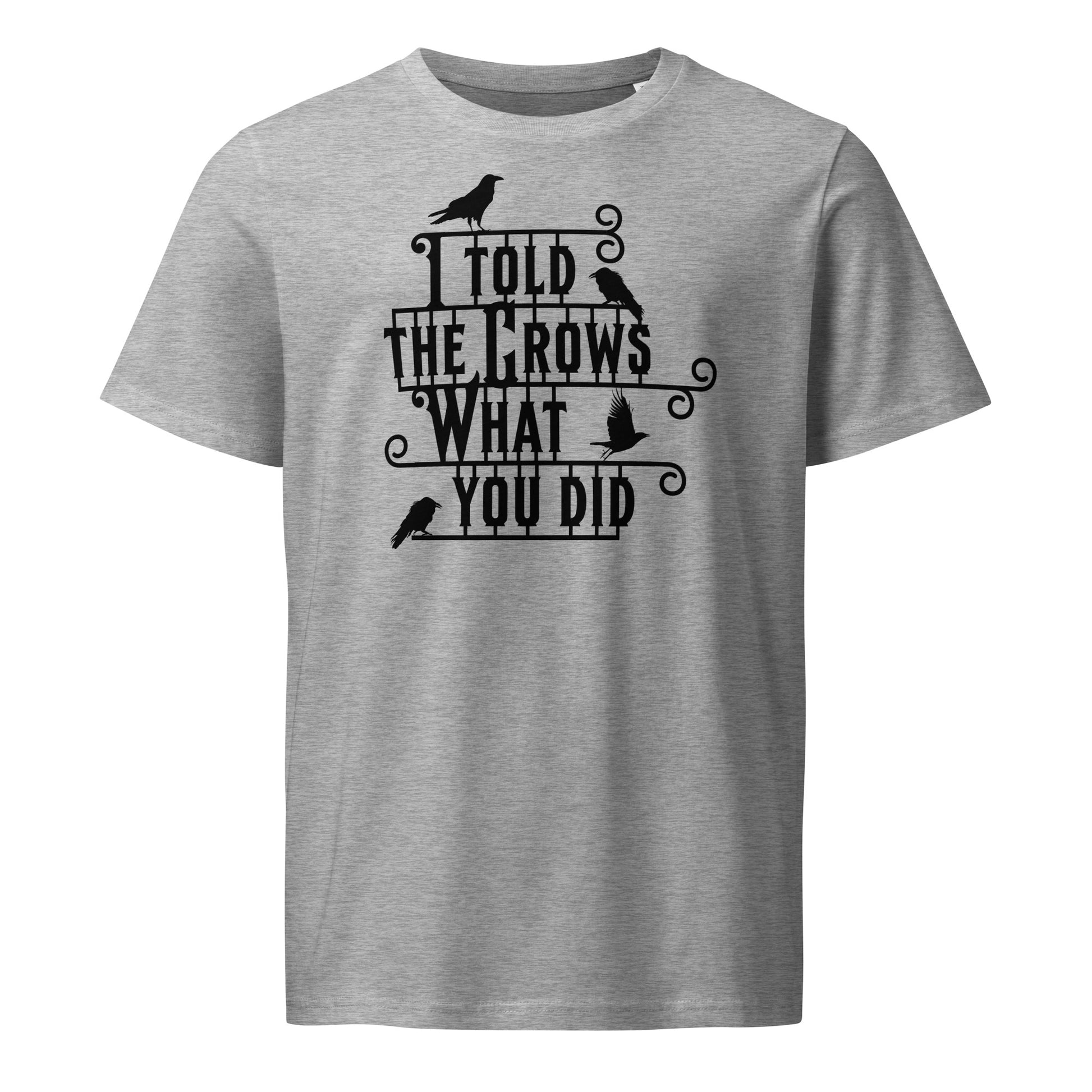 Gray t-shirt with black text and crow illustrations on a white background