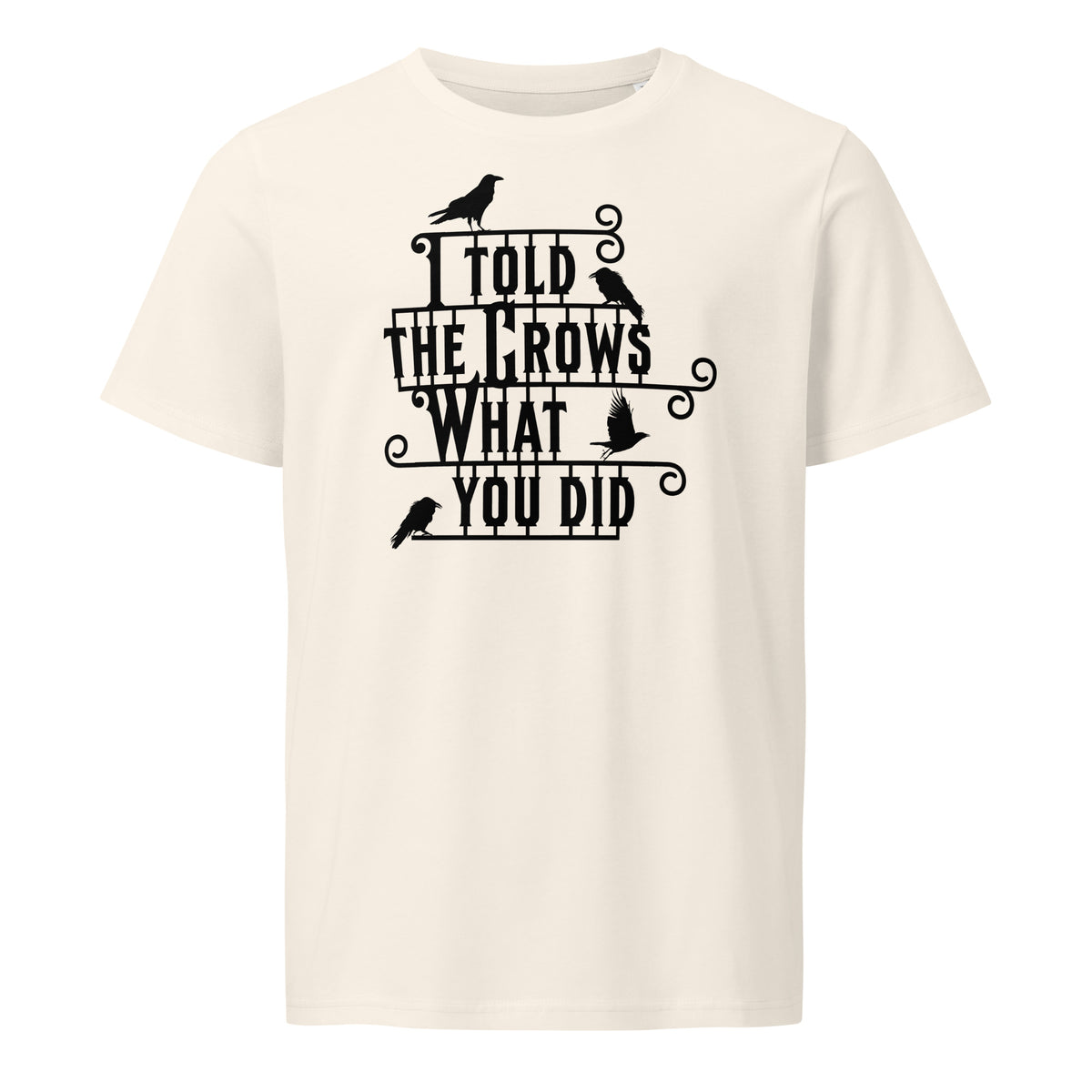 Beige t-shirt with black text and bird graphics on a white background