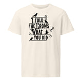 Beige t-shirt with black text and bird graphics on a white background