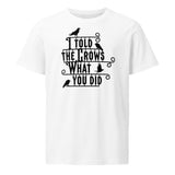 White t-shirt with black text and crow illustrations on a white background
