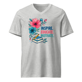 Gray t-shirt with colorful graphic and text 'Inspire. Educate. Motivate' on a white background