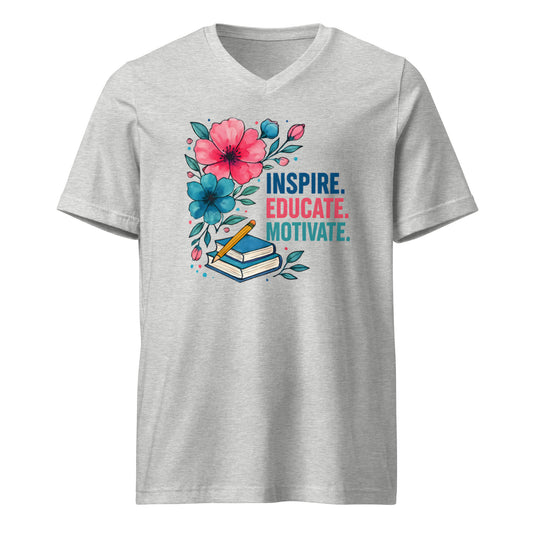 Gray t-shirt with colorful graphic and text 'Inspire. Educate. Motivate' on a white background