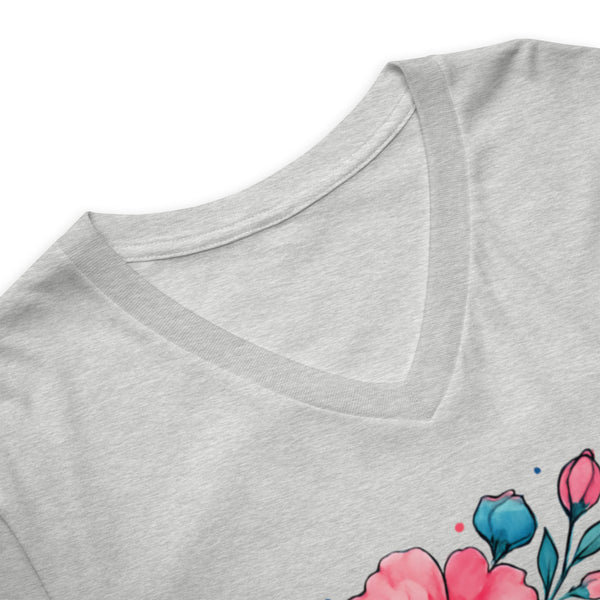 Collar detail of the Gray t-shirt with colorful floral design on a white background