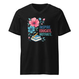 Black t-shirt with floral design and text 'Inspire Educate Motivate' on a white background