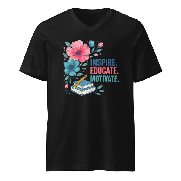 Black t-shirt with floral design and text 'Inspire Educate Motivate' on a white background