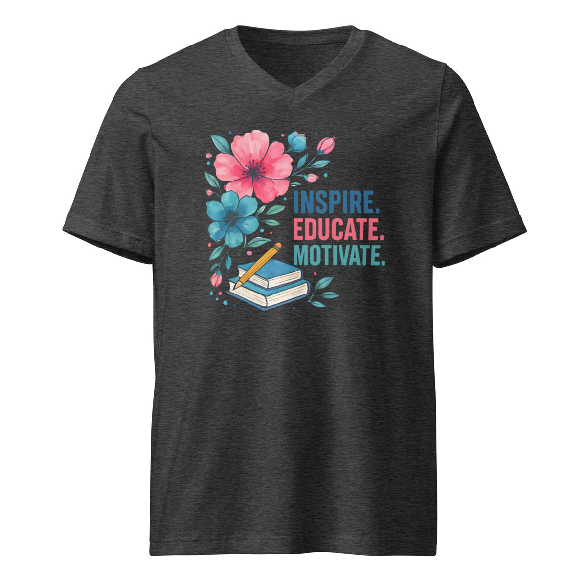 Dark gray t-shirt with floral design and text 'Inspire. Educate. Motivate.' on a white background