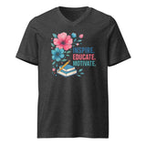 Dark gray t-shirt with floral design and text 'Inspire. Educate. Motivate.' on a white background