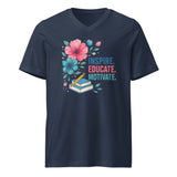 Navy blue t-shirt with floral design and text 'INSPIRE. EDUCATE. MOTIVATE' on a white background