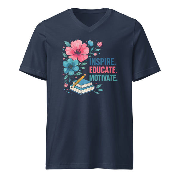 Navy blue t-shirt with floral design and text 'INSPIRE. EDUCATE. MOTIVATE' on a white background