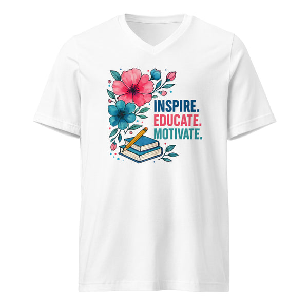 White t-shirt with floral design and text 'Inspire. Educate. Motivate' on a white background