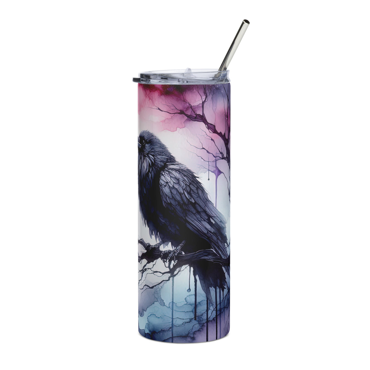 Watercolor Raven tumbler left side view