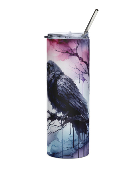Watercolor Raven tumbler left side view
