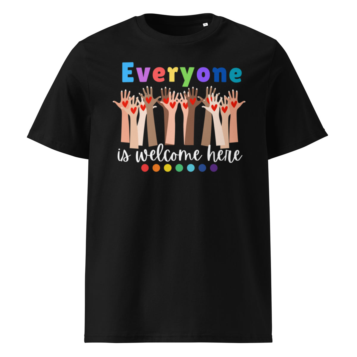 Everyone is Welcome Here hands and hearts, equity and inclusion cotton tshirt in black.
