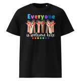 Everyone is Welcome Here hands and hearts, equity and inclusion cotton tshirt in black.