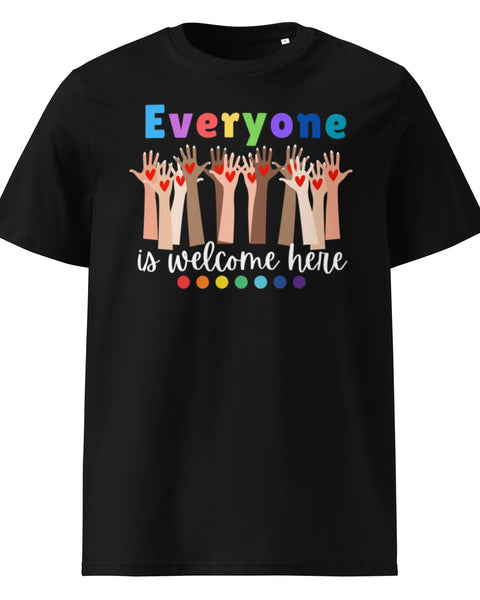 Everyone is Welcome Here hands and hearts, equity and inclusion cotton tshirt in black.