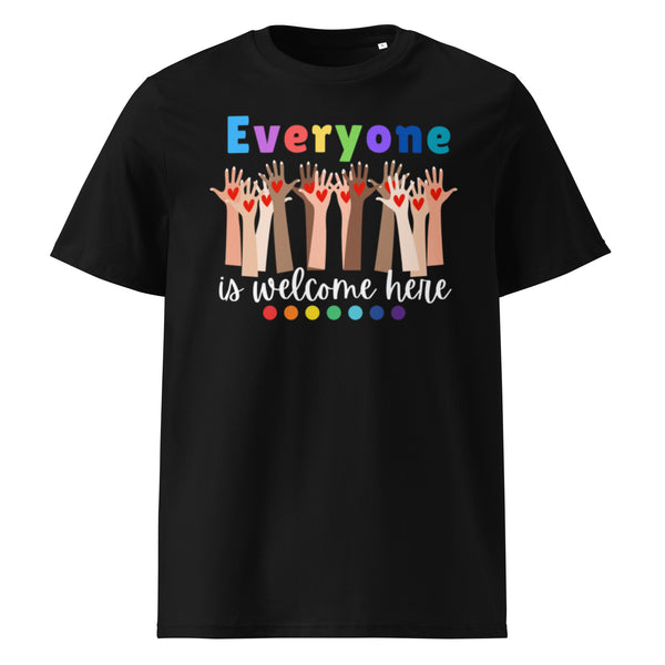Everyone is Welcome Here hands and hearts, equity and inclusion cotton tshirt in black.