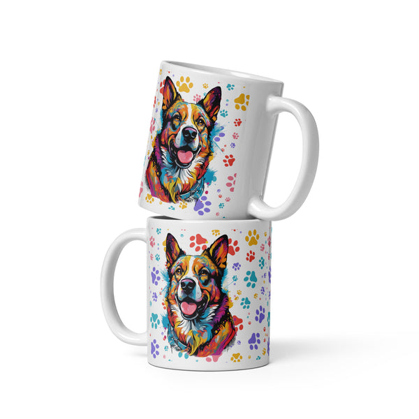 White ceramic mug with colorful Corgi art and rainbow paw prints. Available in 11 oz, 15 oz, and 20 oz sizes.