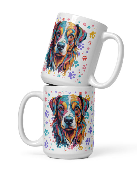 15 oz White ceramic coffee mug with colorful Bernese Mountain Dog art. Microwave safe, dishwasher safe, and paw-fect for dog lovers.