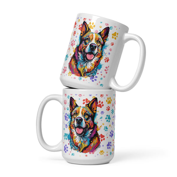 White ceramic mug with colorful Corgi art and rainbow paw prints. Available in 11 oz, 15 oz, and 20 oz sizes.