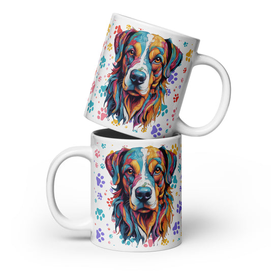 20 oz White ceramic coffee mug with colorful Bernese Mountain Dog art. Microwave safe, dishwasher safe, and paw-fect for dog lovers.