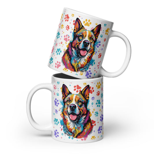 White ceramic mug with colorful Corgi art and rainbow paw prints. Available in 11 oz, 15 oz, and 20 oz sizes.