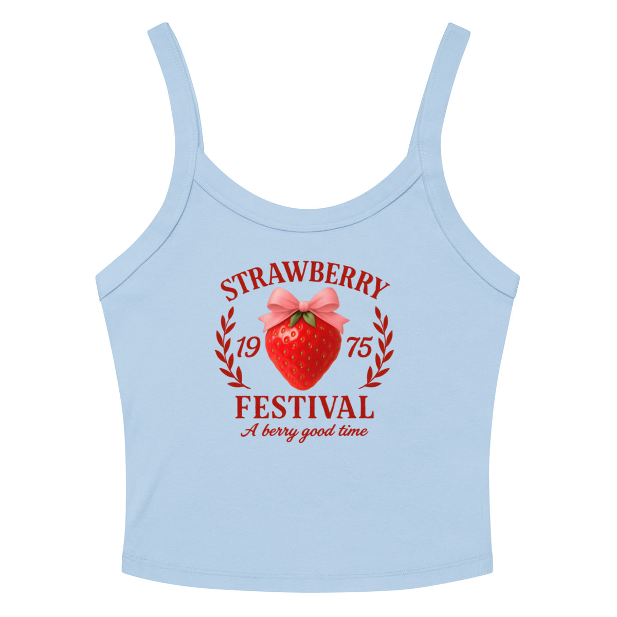 Light blue tank top with strawberry festival design on a white background
