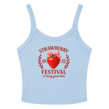 Light blue tank top with strawberry festival design on a white background