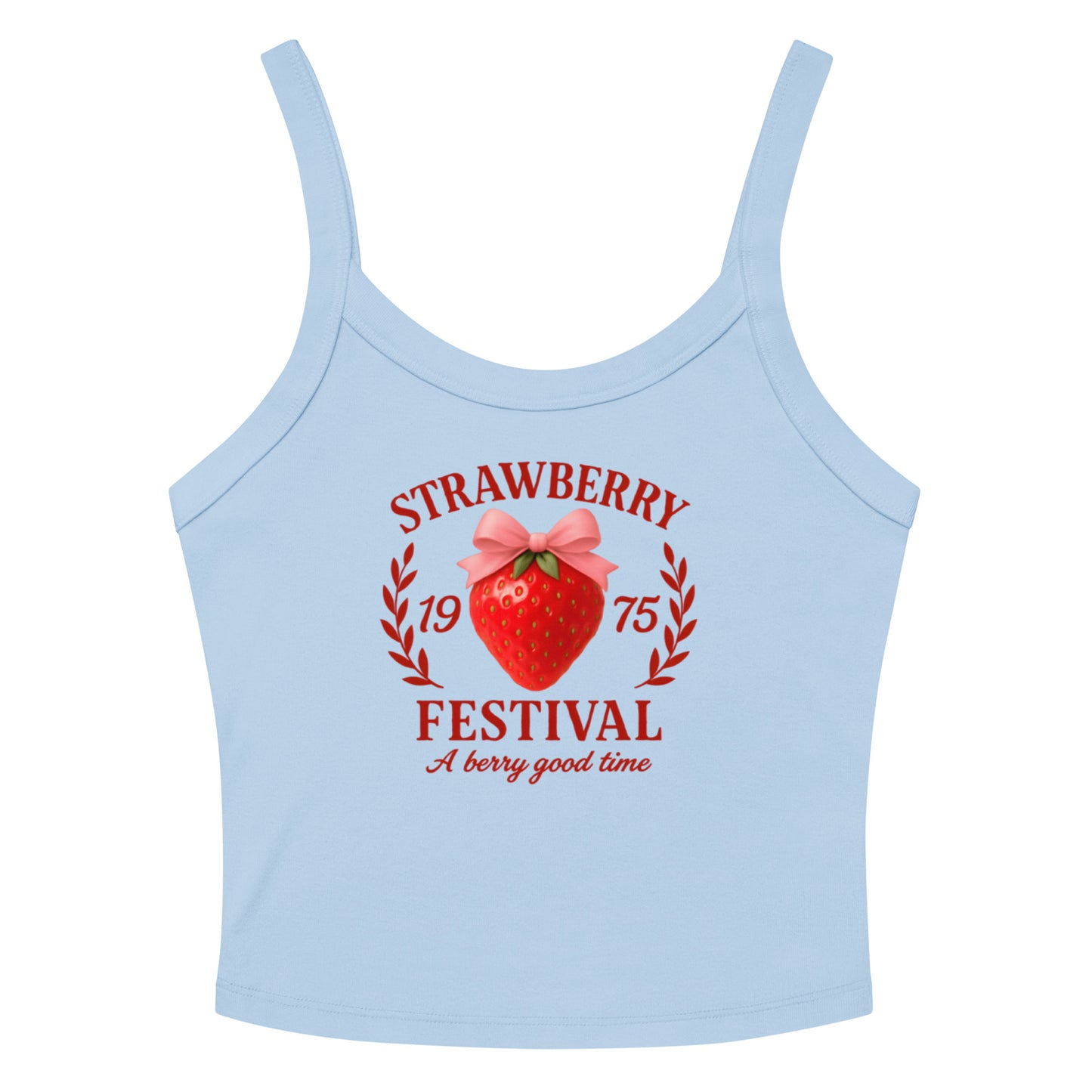 Light blue tank top with strawberry festival design on a white background