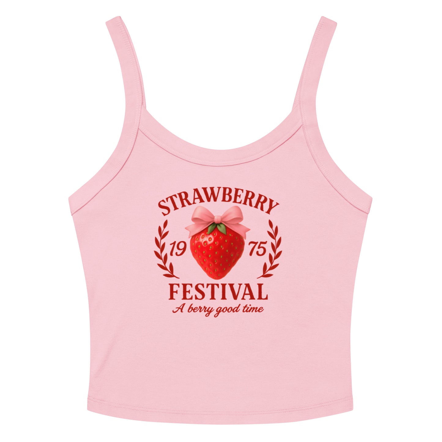 Pink tank top with strawberry festival design on a white background