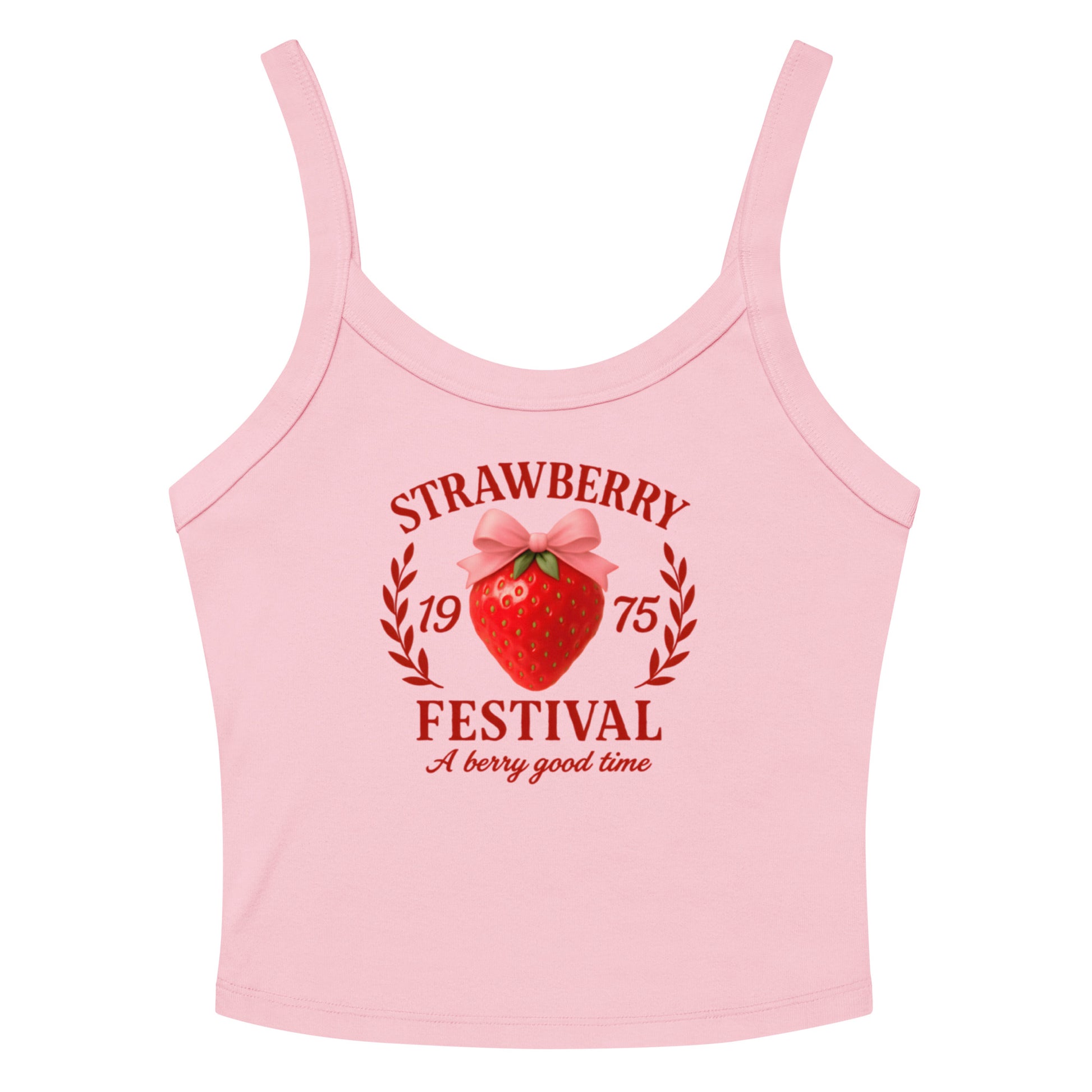 Pink tank top with strawberry festival design on a white background