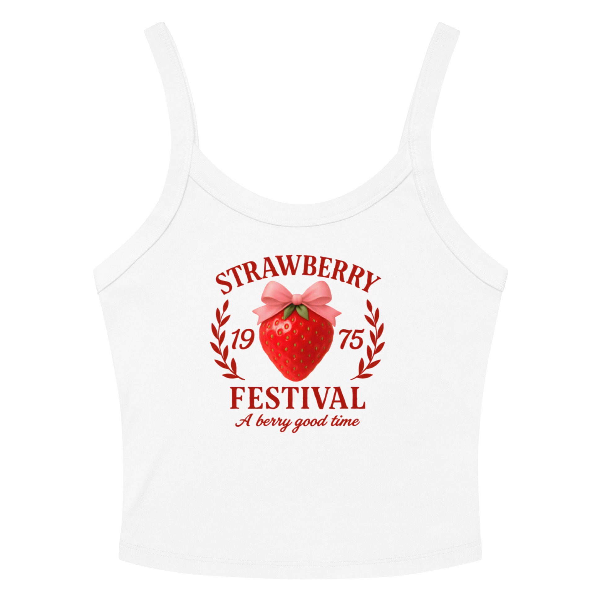 White tank top with strawberry festival design on a white background