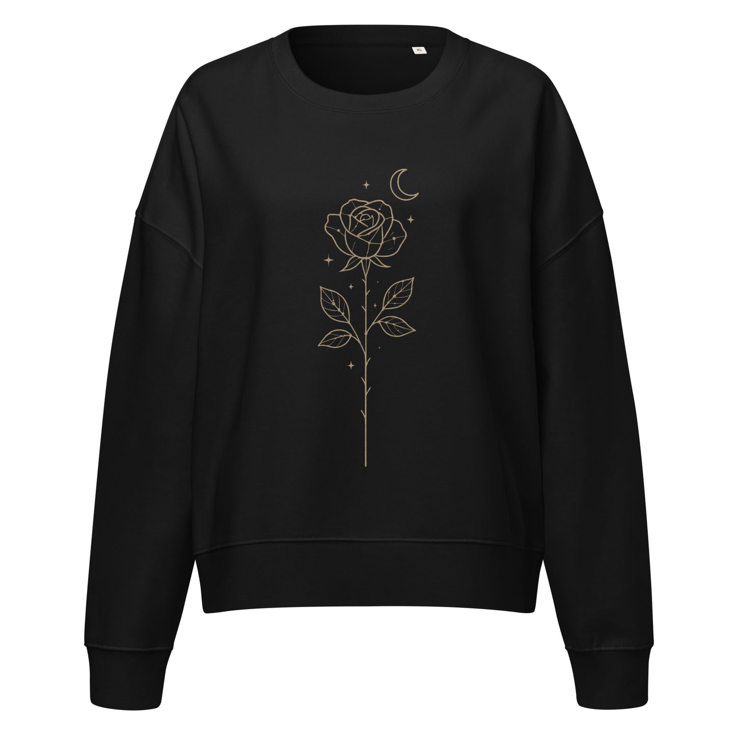 Black women’s-fit sweatshirt with a golden Constellation Rose design displayed on a flat ghost mockup.