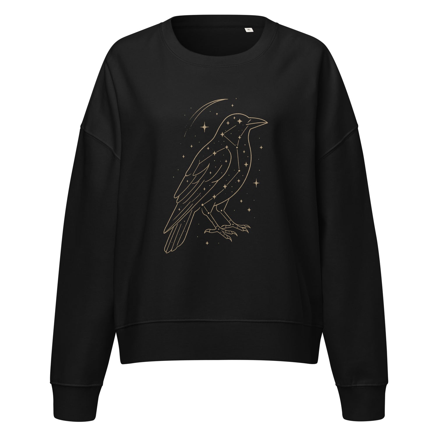 Women’s-fit sweatshirt in black featuring a golden Starlit Crow constellation design shown on a clean ghost mockup.