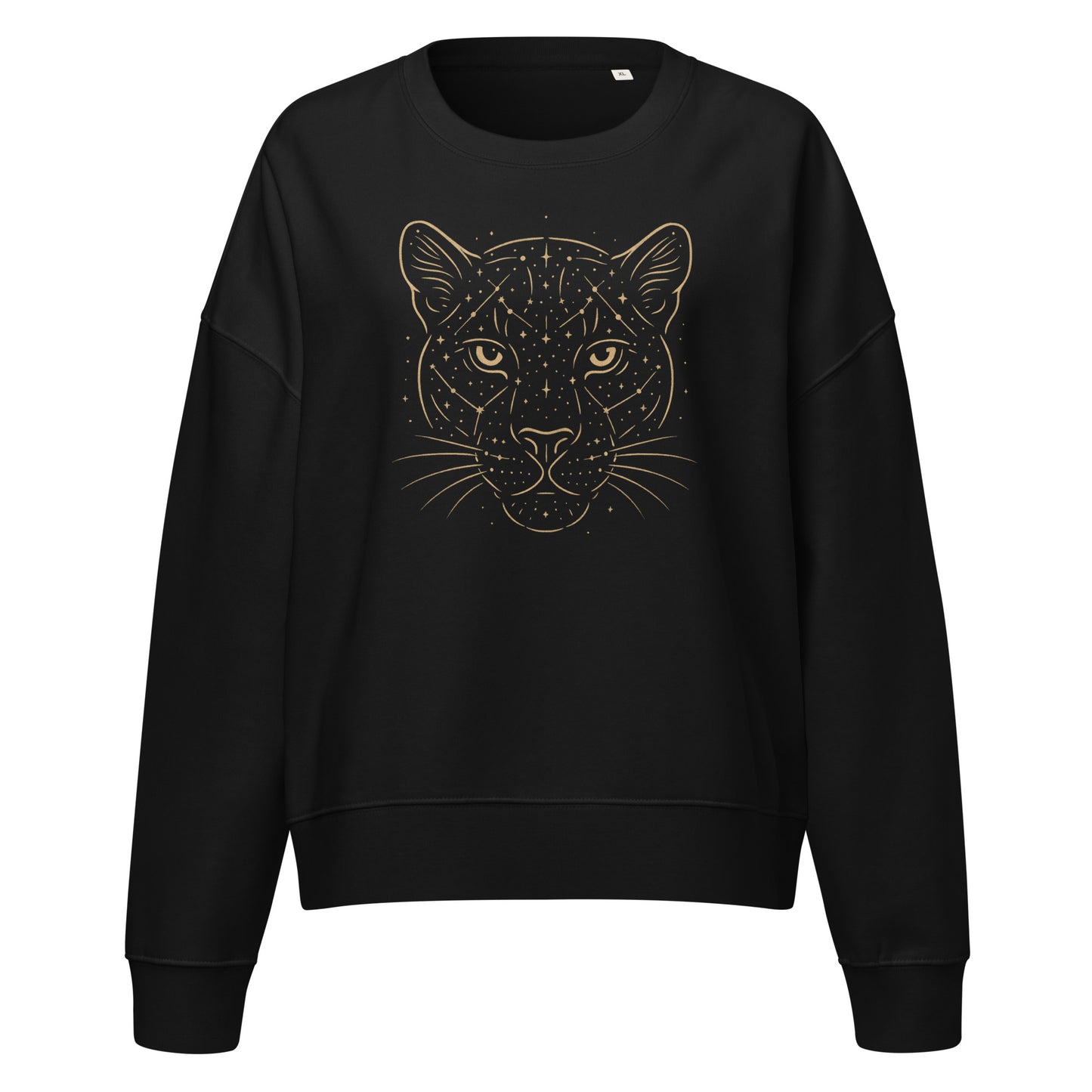 Black women’s-fit sweatshirt with a golden Constellations Wildcat constellation design shown on a clean ghost mockup.