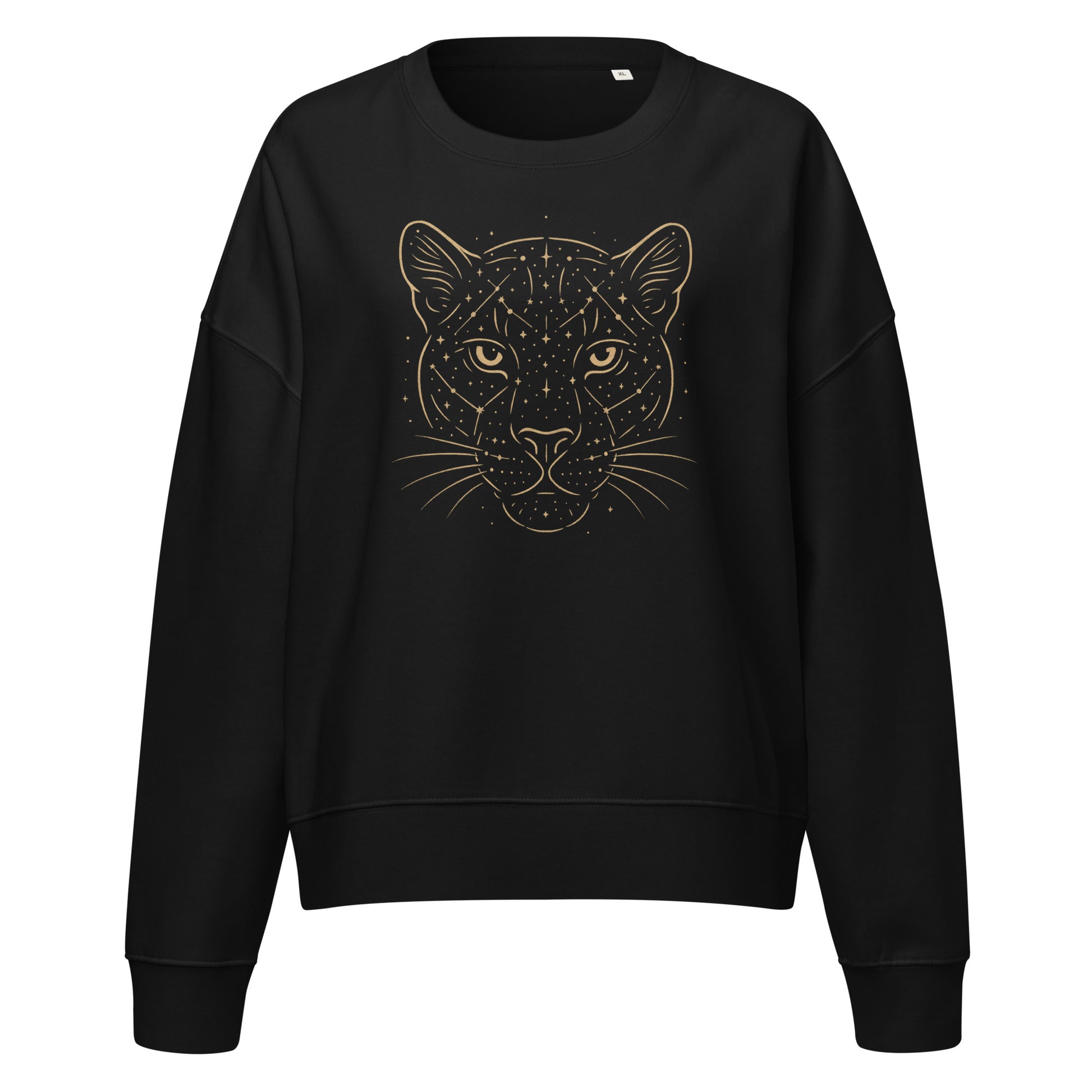 Black women’s-fit sweatshirt with a golden Constellations Wildcat constellation design shown on a clean ghost mockup.