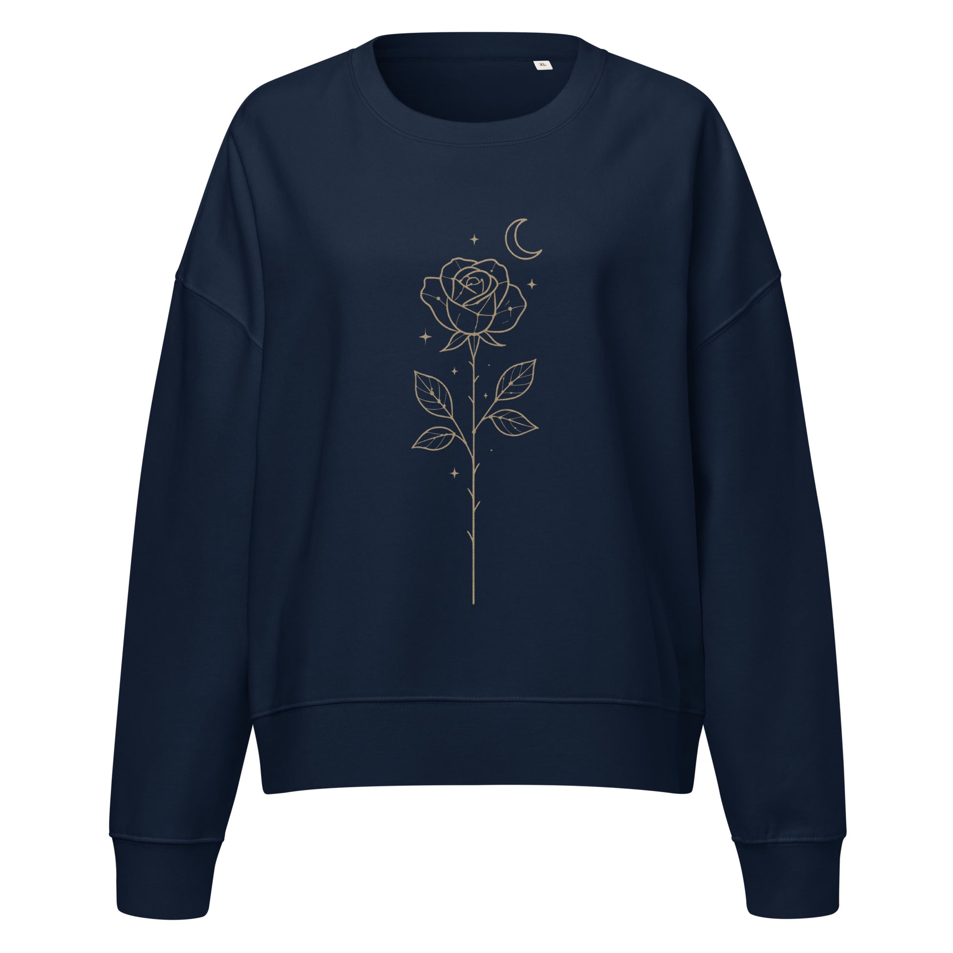 French Navy women’s-fit sweatshirt featuring a golden Constellation Rose design shown on a clean ghost mockup.