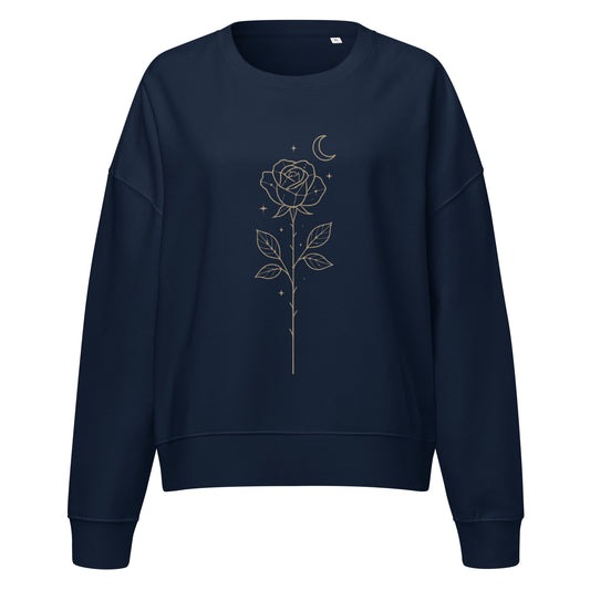 French Navy women’s-fit sweatshirt featuring a golden Constellation Rose design shown on a clean ghost mockup.