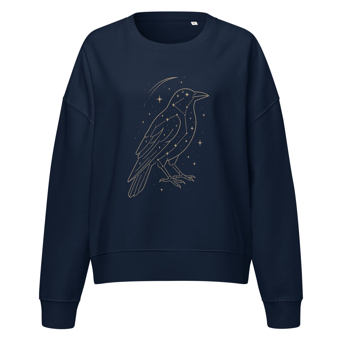 Women’s-fit sweatshirt in navy featuring a golden Starlit Crow constellation design shown on a clean ghost mockup.