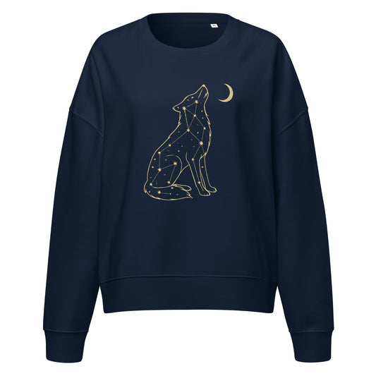 Navy women’s-fit sweatshirt with a golden Starlit Wolf constellation design shown on a clean ghost mockup.