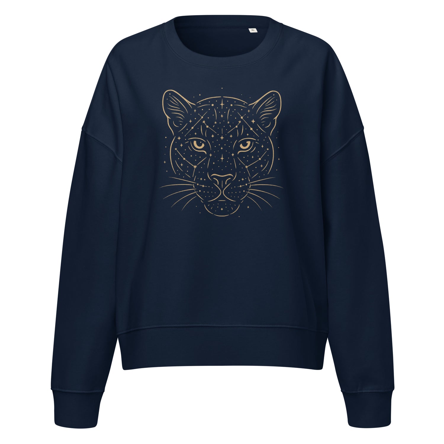 French Navy women’s-fit sweatshirt with a golden Constellations Wildcat constellation design shown on a clean ghost mockup.