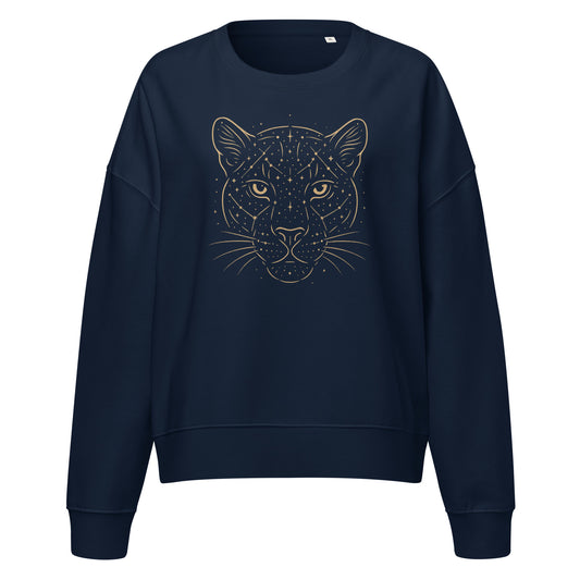 French Navy women’s-fit sweatshirt with a golden Constellations Wildcat constellation design shown on a clean ghost mockup.