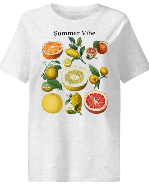 Cool Heather gray organic t-shirt with colorful vintage citrus fruit illustration and “Summer Vibe” text. Eco-friendly and perfect for summer styling.