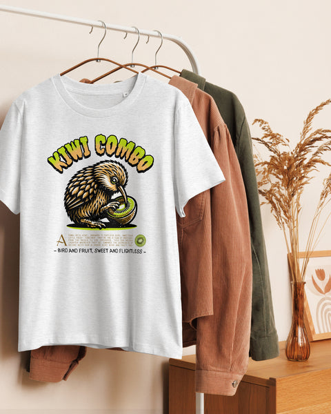 White t-shirt with a kiwi bird graphic and 'Kiwi Combo' text hanging on a rack with other clothing.