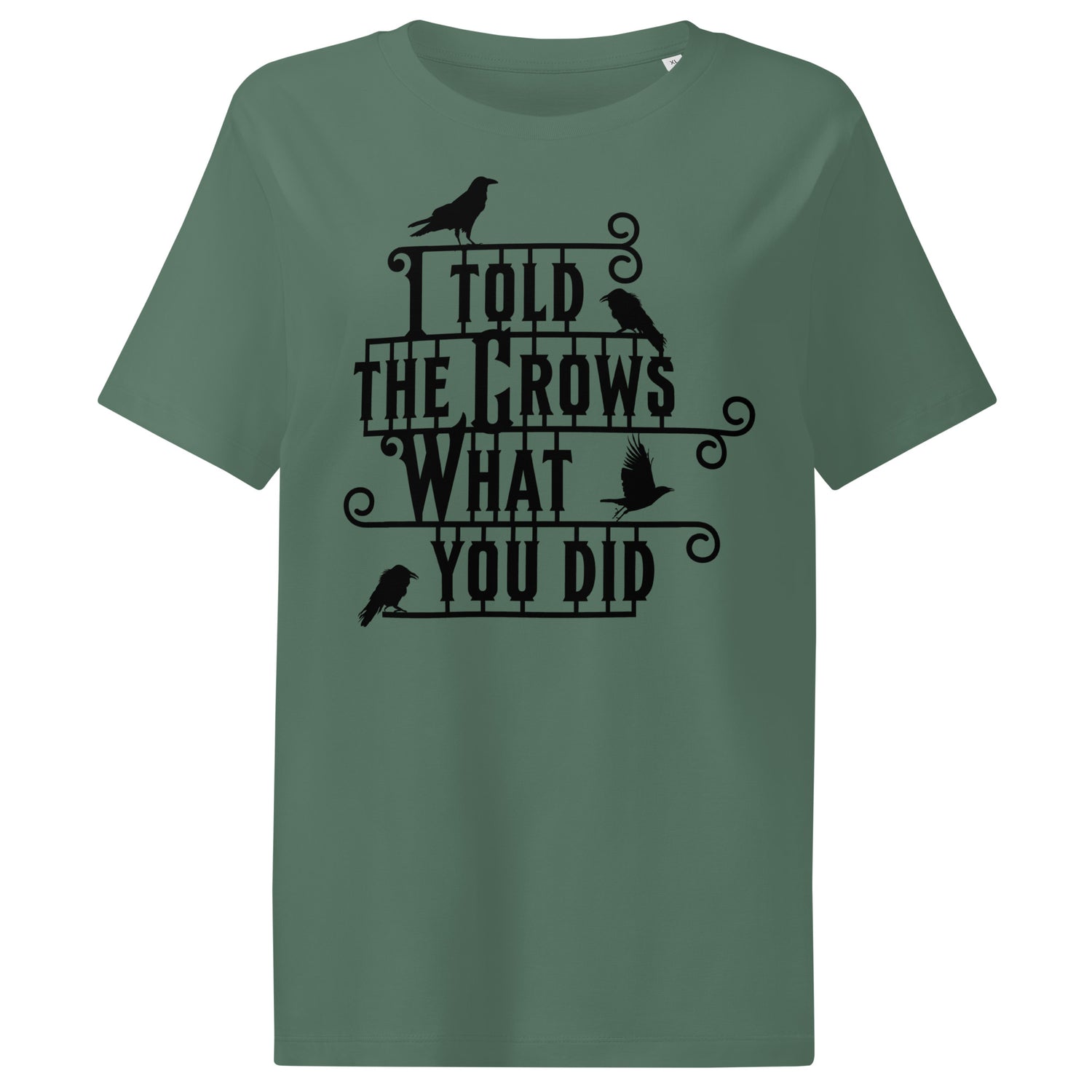 Green t-shirt with black text and crow illustrations on a white background